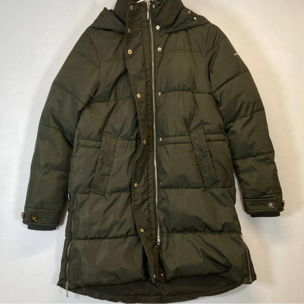 Orolay Down Puffer Jacket Womens Small Green Hooded Long Full Zip Snap Pockets - Picture 2 of 16